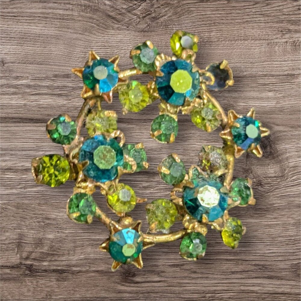 Vintage Austria Crystal Brooch Green & Blue Rhinestones Floral Design‎ Gold Tone